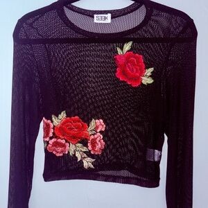 Black Mesh Top with Red Floral Embroidery